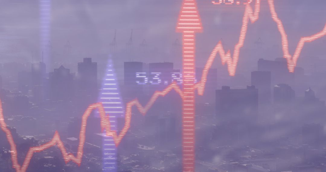 Abstract Digital Data Graphs Over Foggy Urban Cityscape
