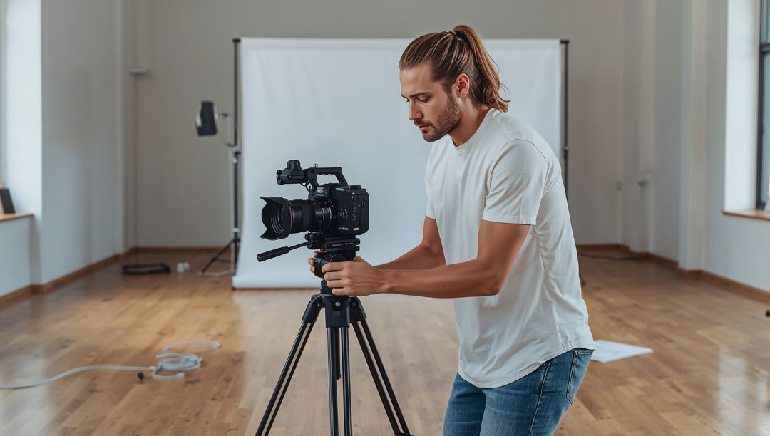 Male Cameraman Adjusting Professional Camera on Tripod in Bright Minimal Studio Backdrop