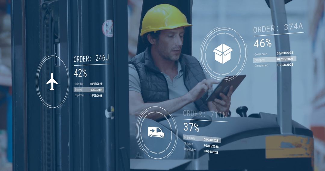 Warehouse Worker Using Tablet With Logistics Data Overlay