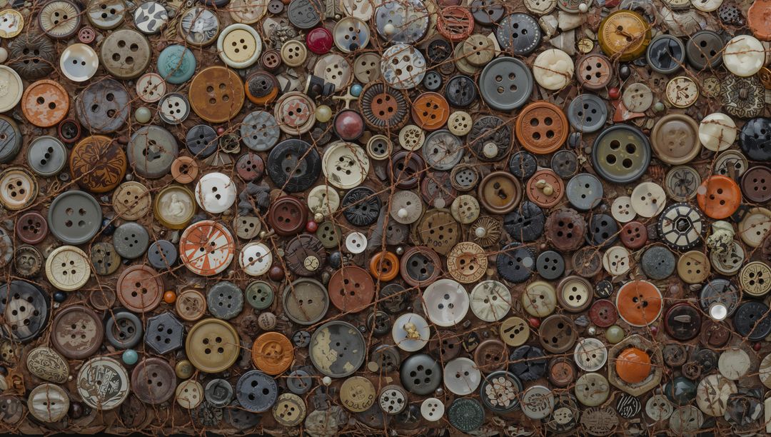 Vintage Button Assemblage on Wire Mesh Panel — Rustic Mosaic of Wooden and Metal Buttons