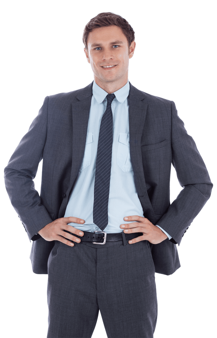 Transparent Confident Businessman in Suit Smiling with Hands on Hips