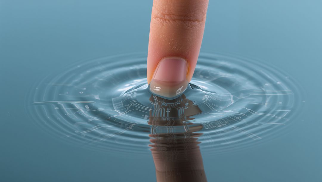 Pressing fingertip creating concentric digital ripples on teal liquid surface with circuit overlays