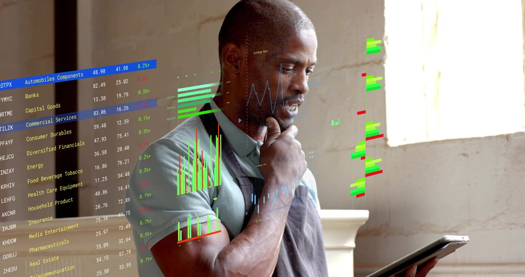 Small Business Owner Analyzing Sales Data on Tablet with Augmented Reality Charts