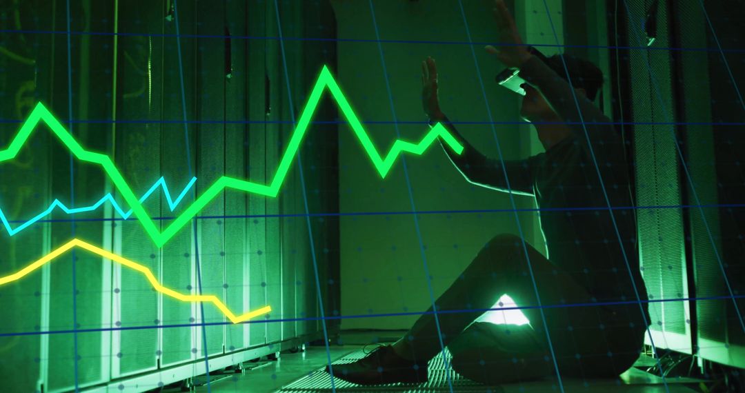Businessman Using VR in Data Center with Virtual Graph Overlay