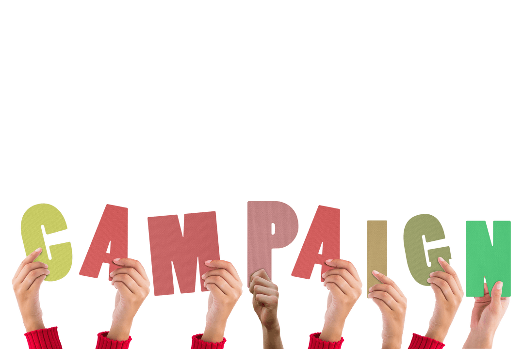 Hands Holding Campaign Text on Transparent Background