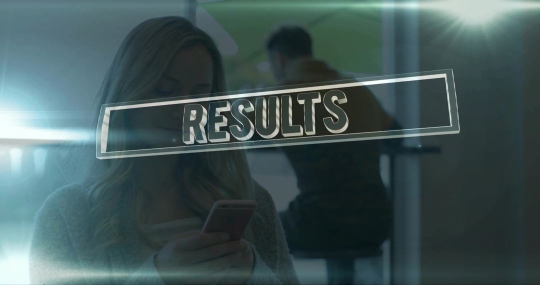 Woman Checking Smartphone in Cafe with RESULTS Graphic Overlay and Lens Flare