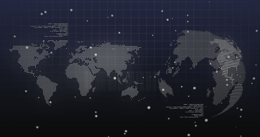 Digital Data Overlay on World Map and Globe on Navy Background