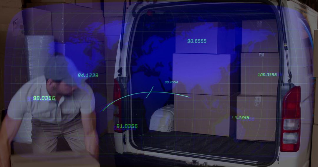 Logistics Worker Loading Van with Digital Data Overlay