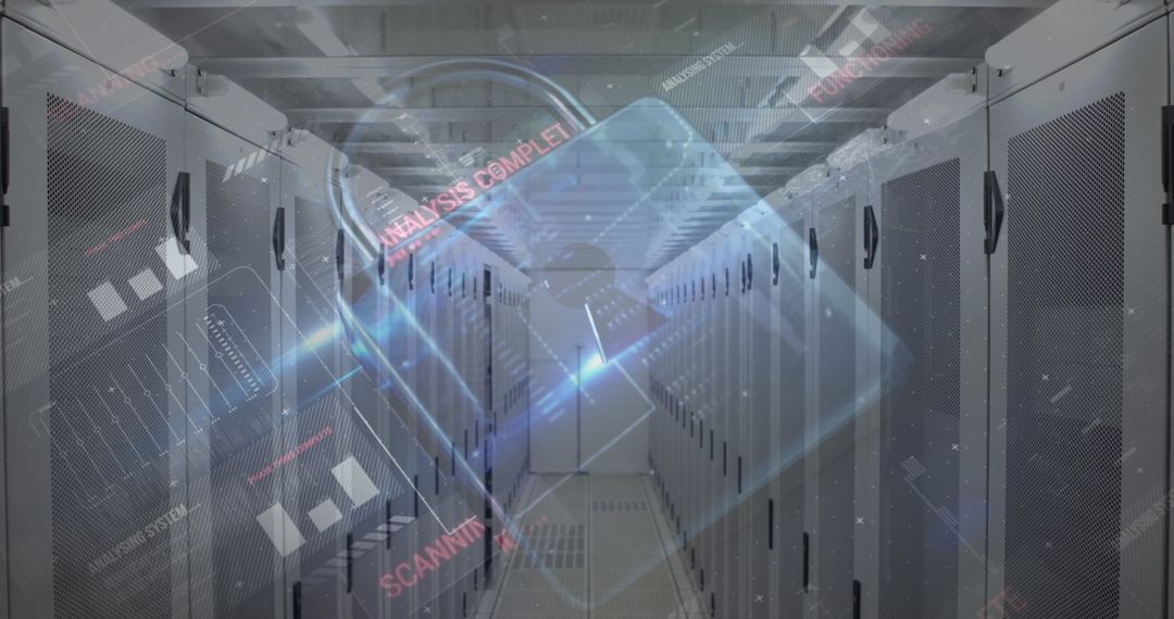 Digital Padlock Hologram Over Data Center Servers Symbolizing Cybersecurity