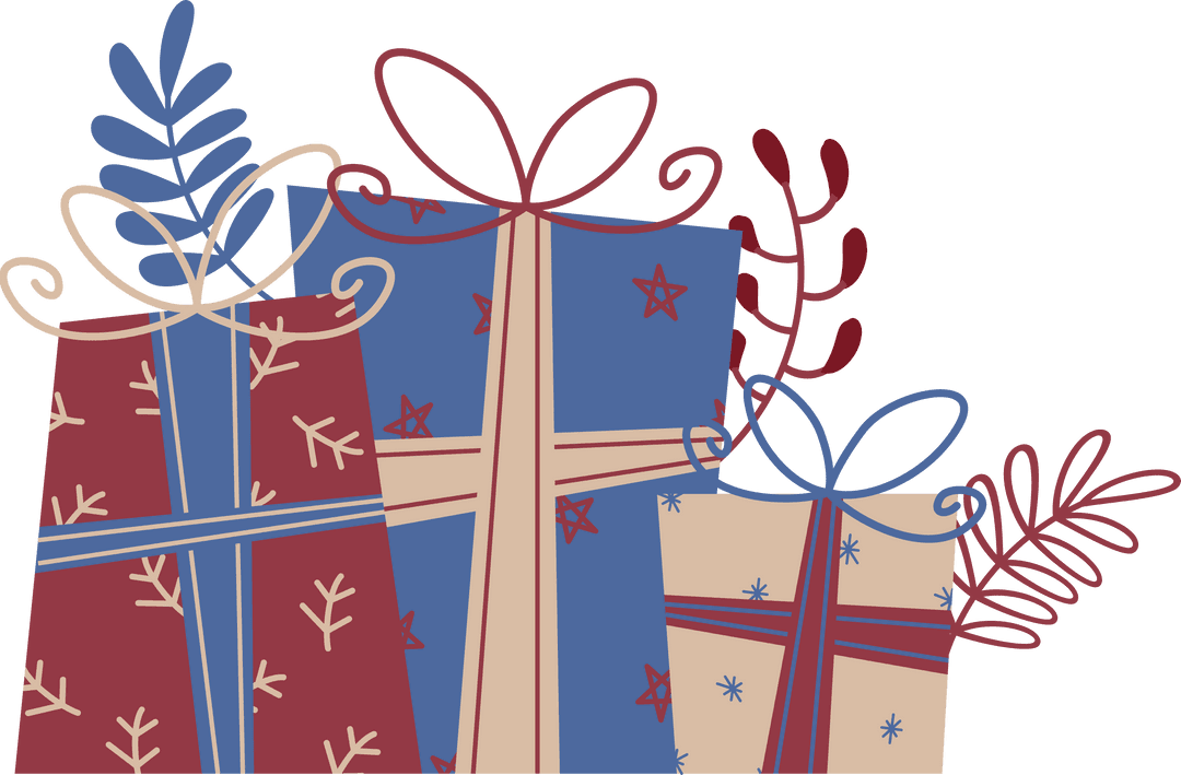Festive Gift Boxes with Foliage on Transparent Background