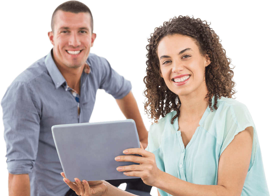 Happy Couple Using Tablet on Transparent Background