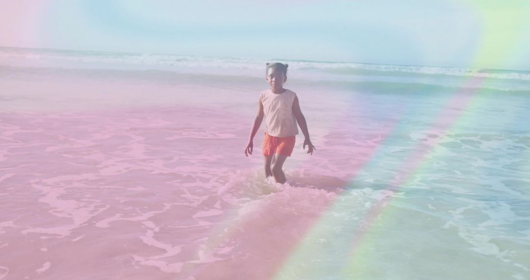 Joyful Child Enjoying Beach Waves with Vibrant Summer Colors