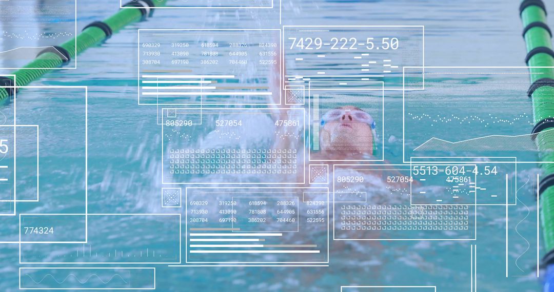 Swimmer Backstroking in Pool with Digital Data Analysis Overlays