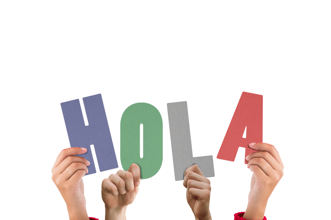 Hands Holding 'Hola' Letters on Transparent Background