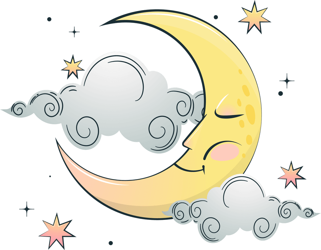 Whimsical Cartoon Moon with Clouds and Stars in Transparent Background