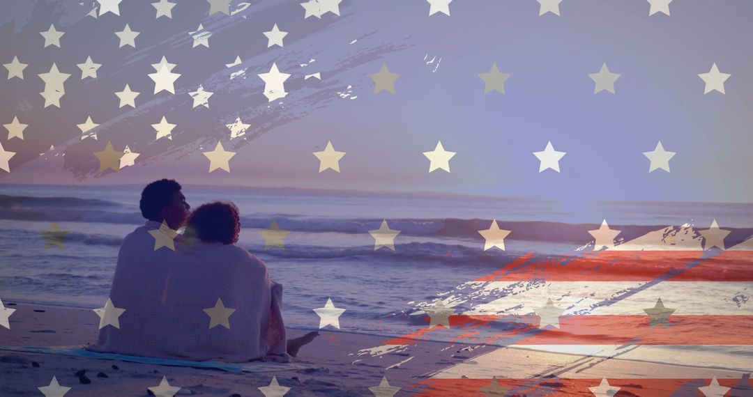 Couple Embracing at Beach with American Flag Overlay
