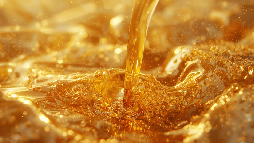 Golden Viscous Liquid with Bubbles and Shimmering Droplets