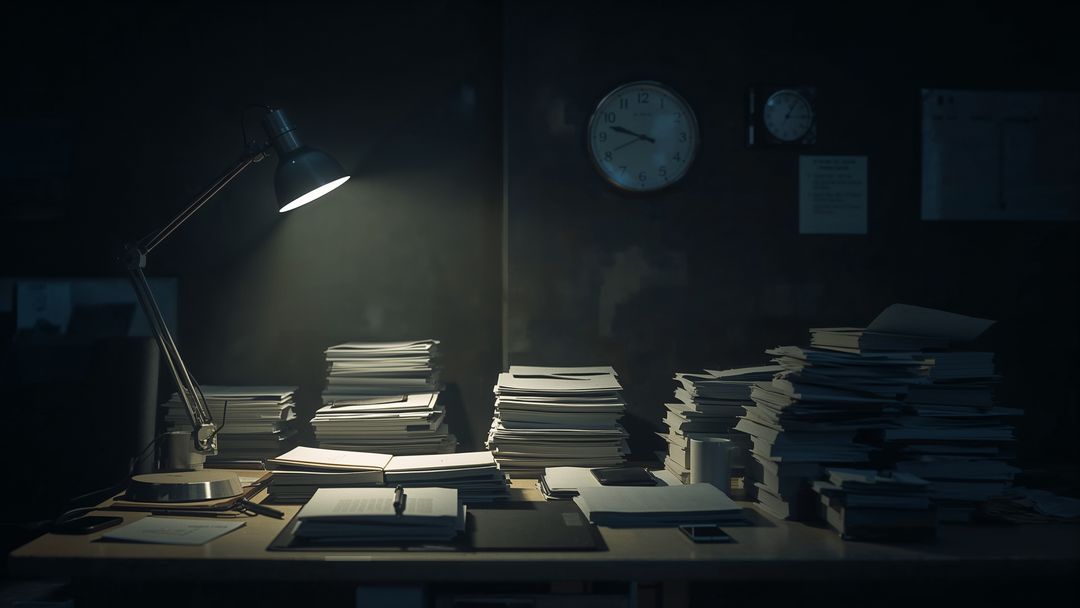 Cluttered Office Desk with Stacks of Papers and Files in Dim Light