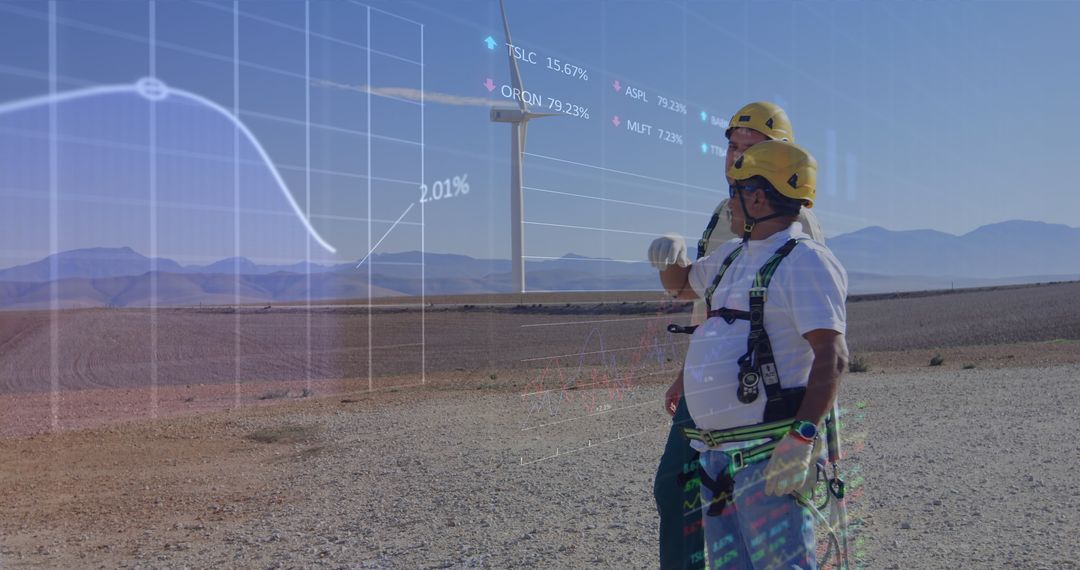 Engineers Analyzing Wind Farm Data in Expansive Landscape