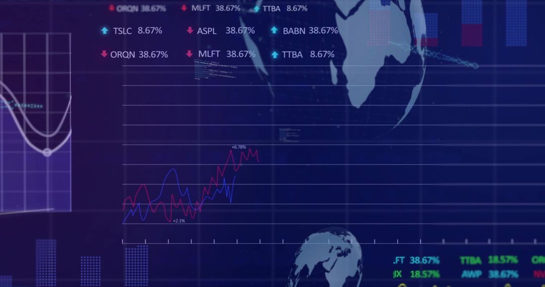 Neon Holographic Trading Dashboard with Dual-Line Charts, Global Map and Percent Tickers