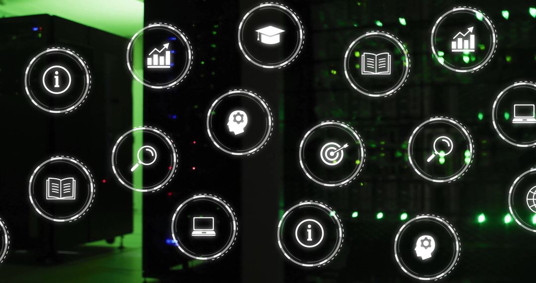 Business Technology Icons Overlay on Server Room Background