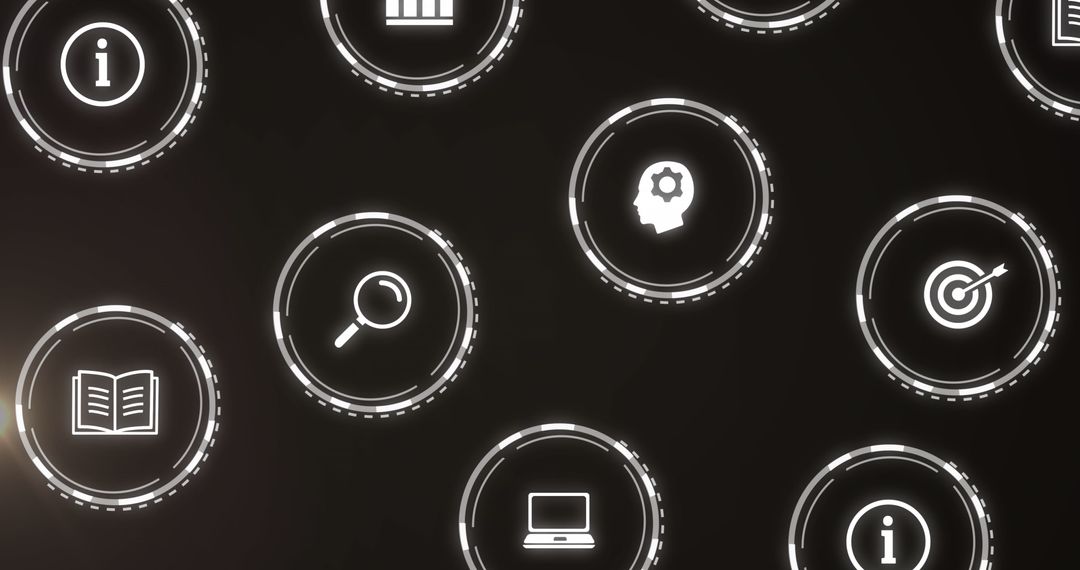 Business and Technology Icons on Black Digital Interface