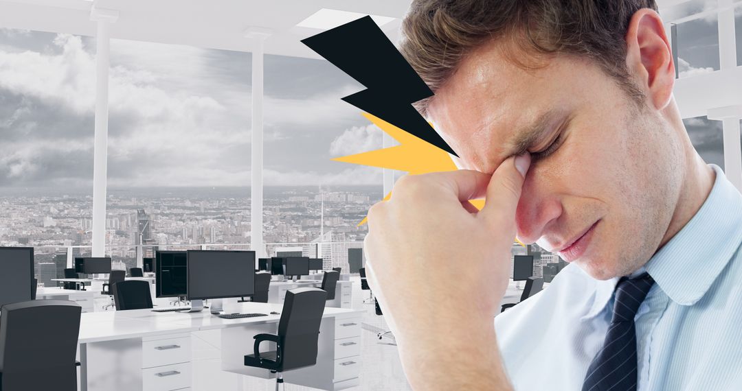 Digital composite image of mid adult caucasian businessman suffering from migraine in office - Free Images, Stock Photos and Pictures on Pikwizard.com