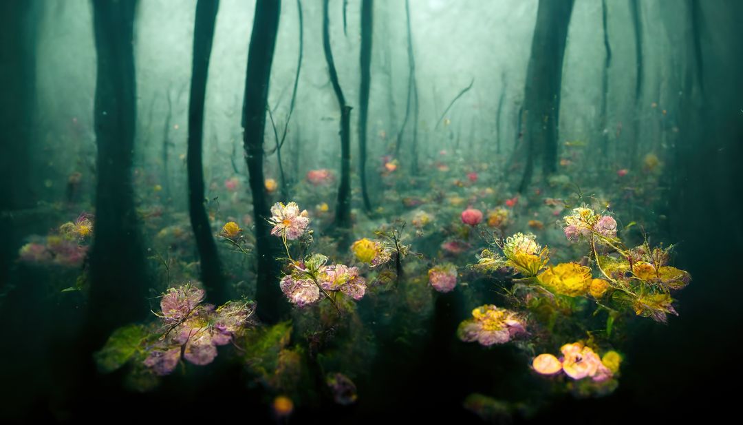 Image of landscape with colorful flowers in forest - Free Images, Stock Photos and Pictures on Pikwizard.com
