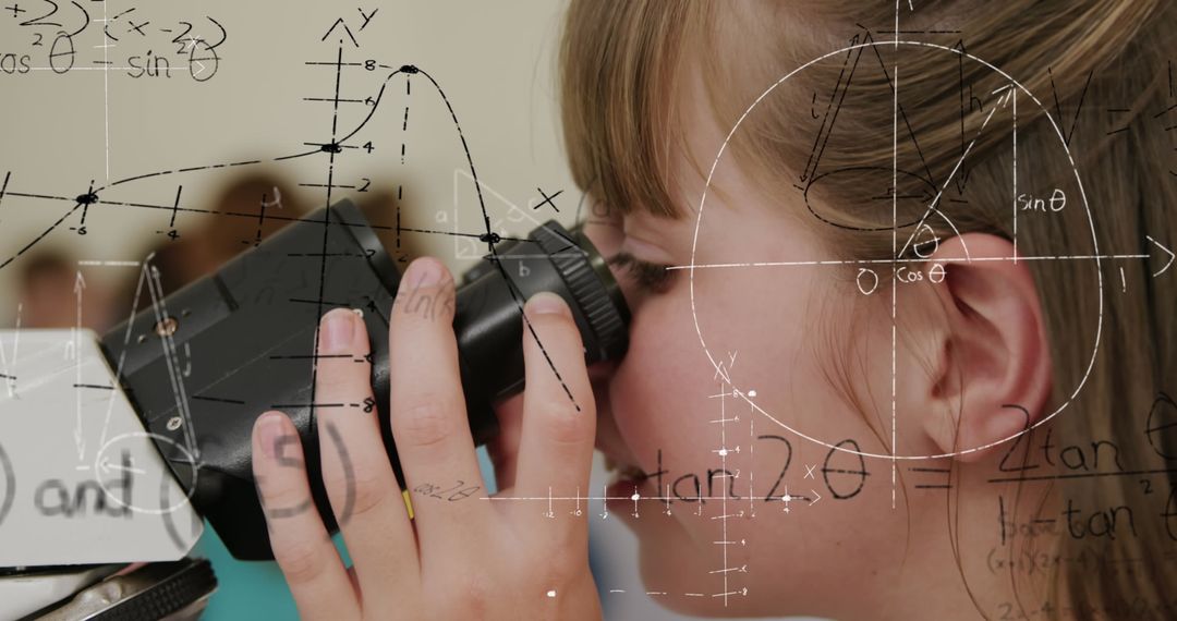 Schoolgirl Exploring Through Microscope with Mathematical Overlays