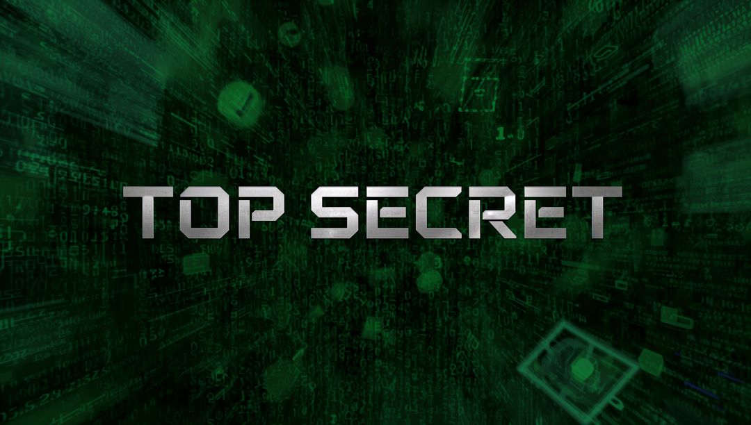 Top Secret Chrome Text Sliding Through Green Digital Tunnel with Streaming Binary Code