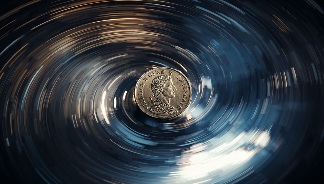 Rotating antique coin forming metallic vortex with radial motion blur, reflective spirals