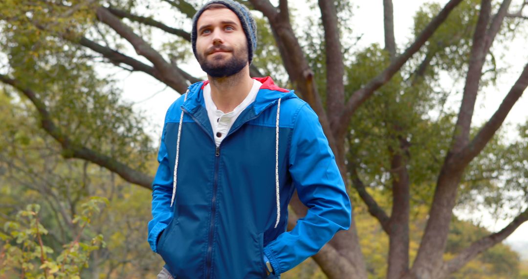 Thoughtful Bearded Man Wearing Blue Jacket in Forest - Free Images, Stock Photos and Pictures on Pikwizard.com