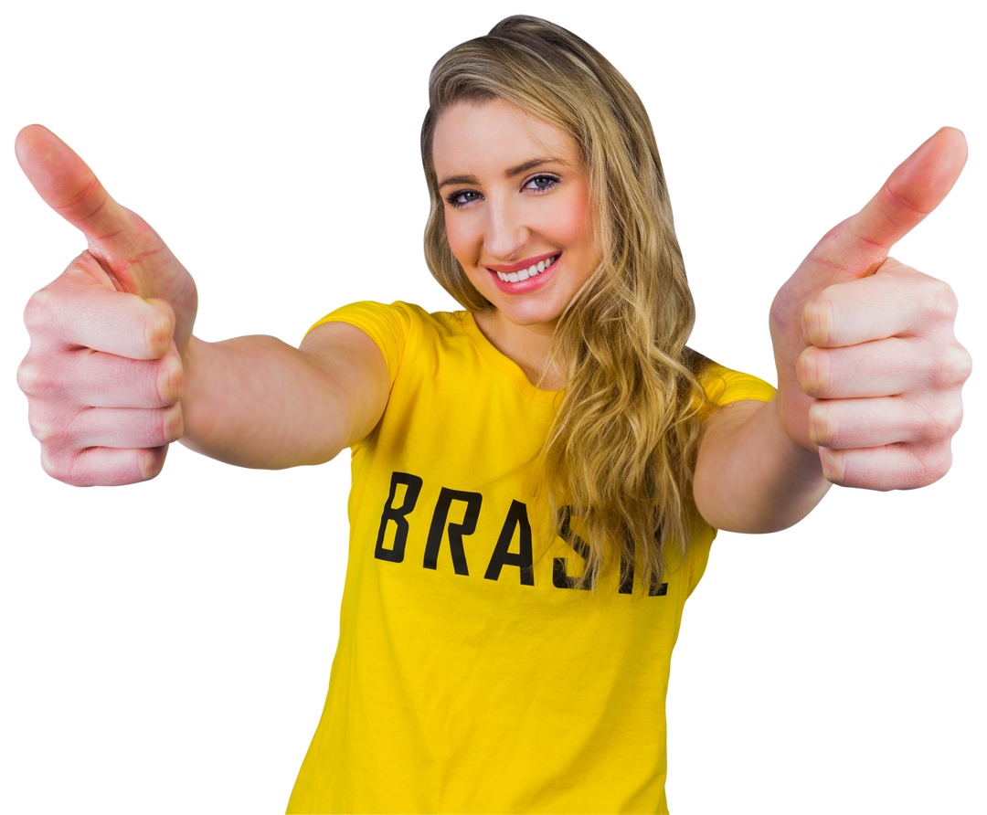 Smiling Woman in Brasil T-Shirt Giving Thumbs Up, Transparent Background - Download Free Stock Images Pikwizard.com