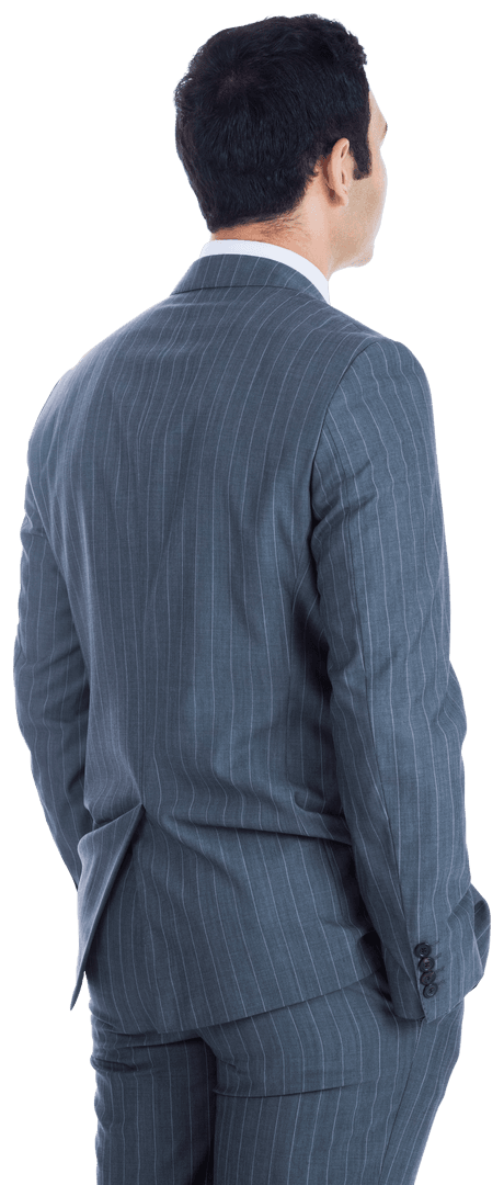 Rear View of Asian Businessman in Gray Pinstripe Suit on Transparent Background