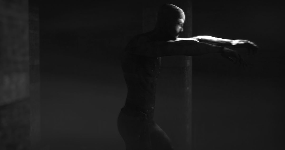 Creepy Zombie Figure Stalking Through Dark Misty Hallway