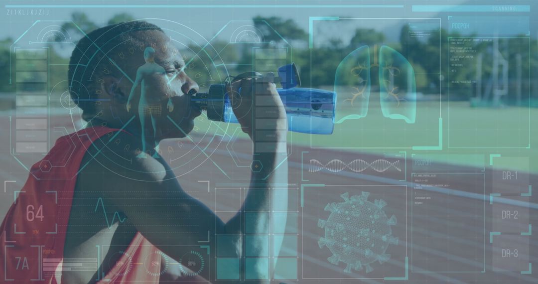 Athlete Drinking with Futuristic Digital Interface and Health Data