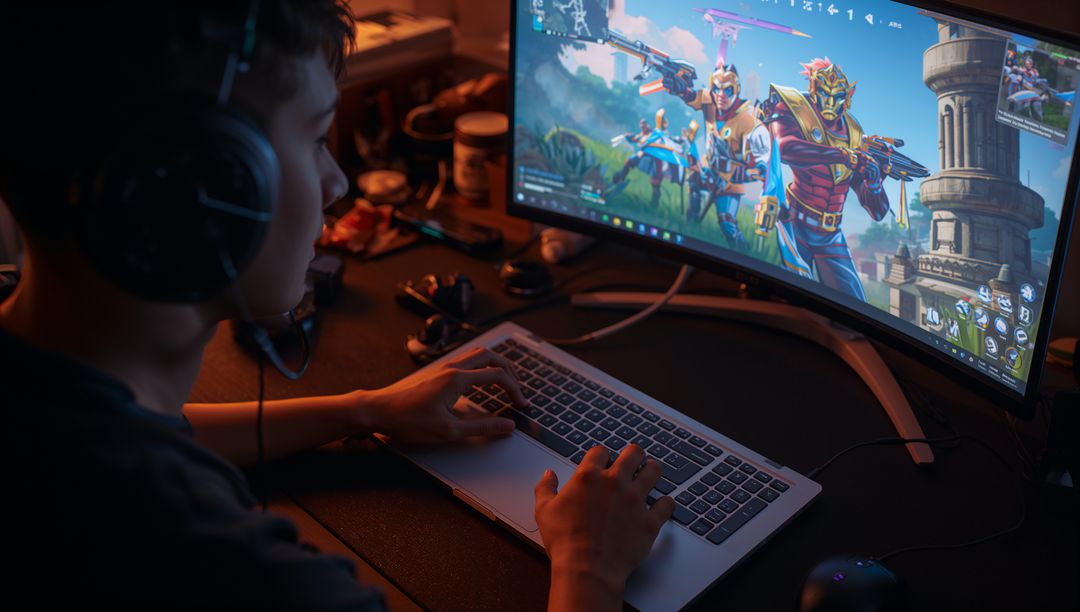 Focused Gamer Engaged in Action Game with Professional Setup