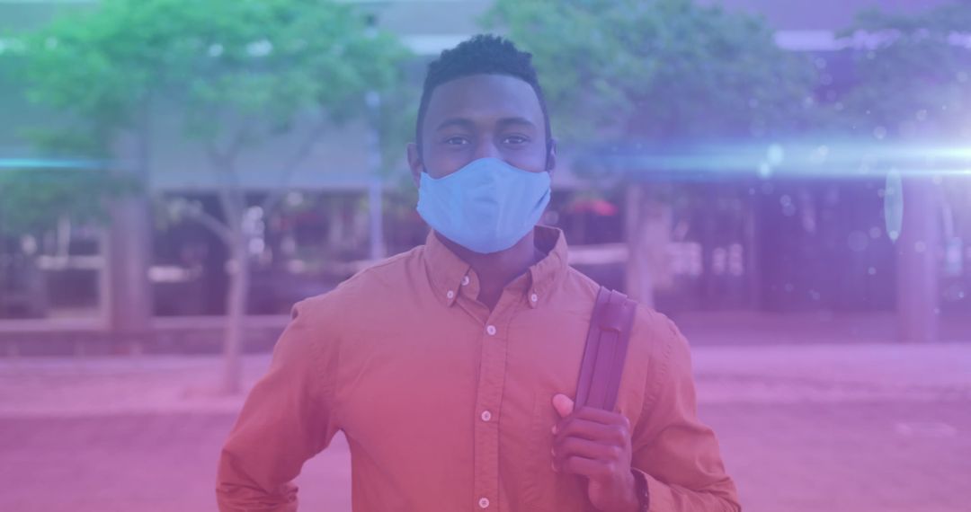 Man Wearing Mask with Urban Background Artistic Overlay