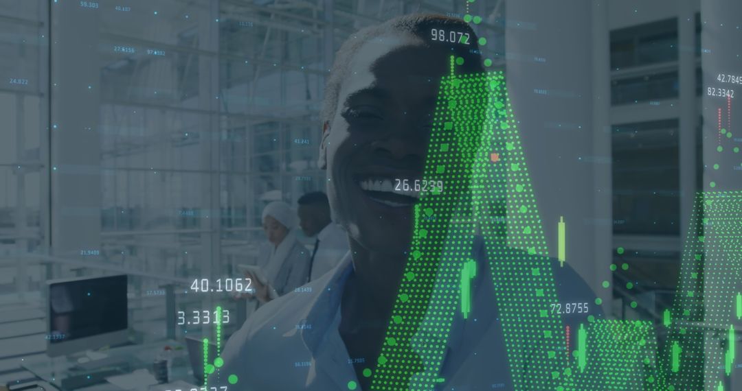 Smiling Businesswoman with Overlay of Financial Data Insights