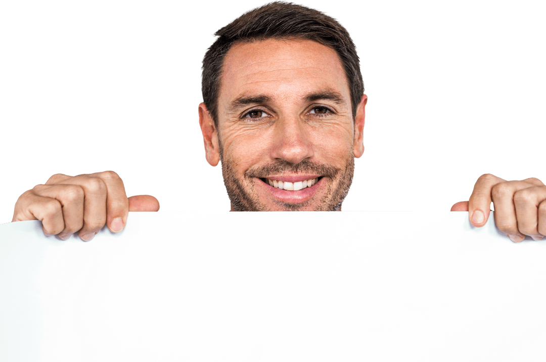 Smiling Man Holding Blank Sheet on Transparent Background