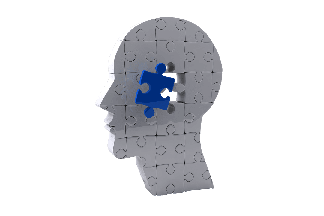 Transparent Puzzle Head with Blue Piece for Communication Concept