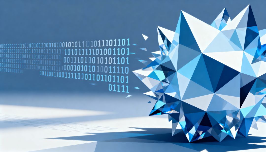 Glowing Faceted Blue Crystal Emitting Binary Data Stream and Fractured Geometric Shards