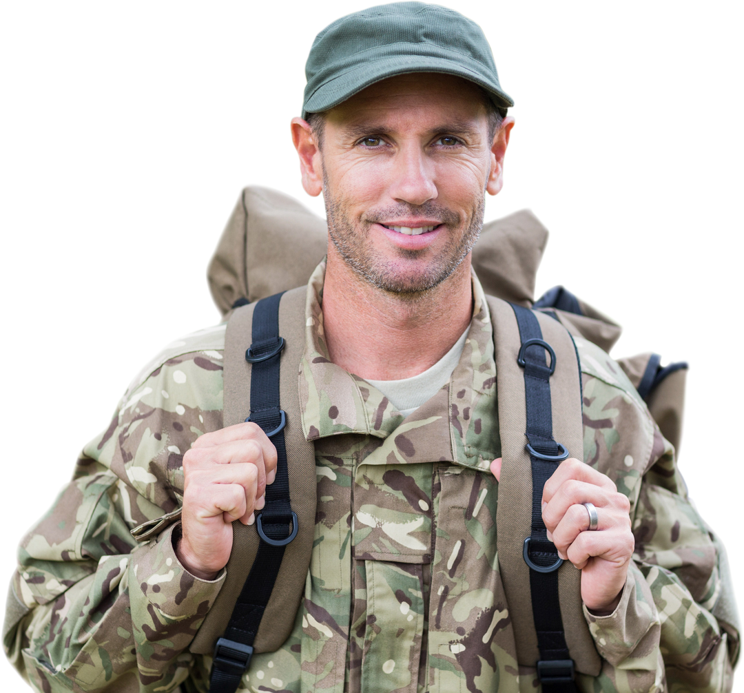 Smiling Army Officer Holding Bag in Camouflage Uniform and Cap Transparent Background - Download Free Stock Images Pikwizard.com