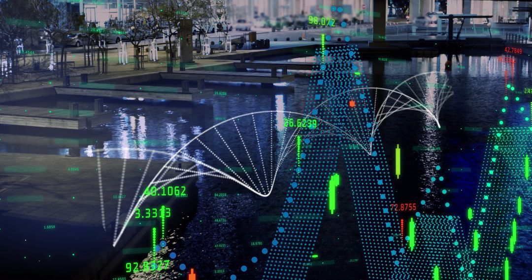 Digital Financial Analytics Over Cityscape Illustrating Stock Market Trends