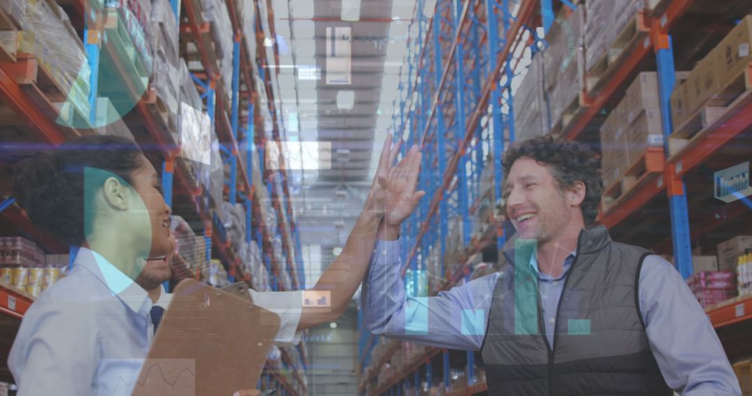 Warehouse Supervisors Celebrating Success with High Five and Data Graphics