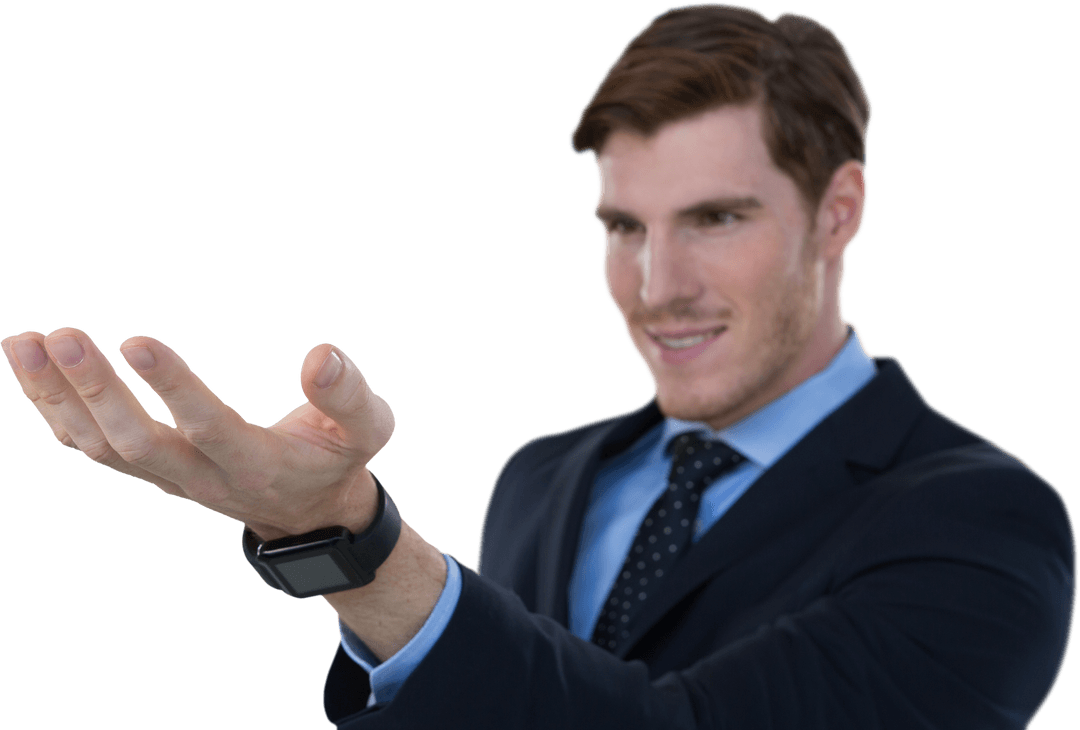 Confident Caucasian Businessman Raising Hand Transparent Background