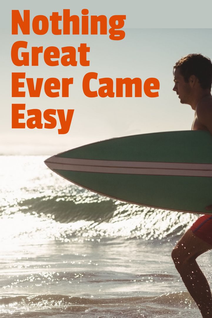 Surfer Holding Board on Sunrise Beach with Motivational Quote