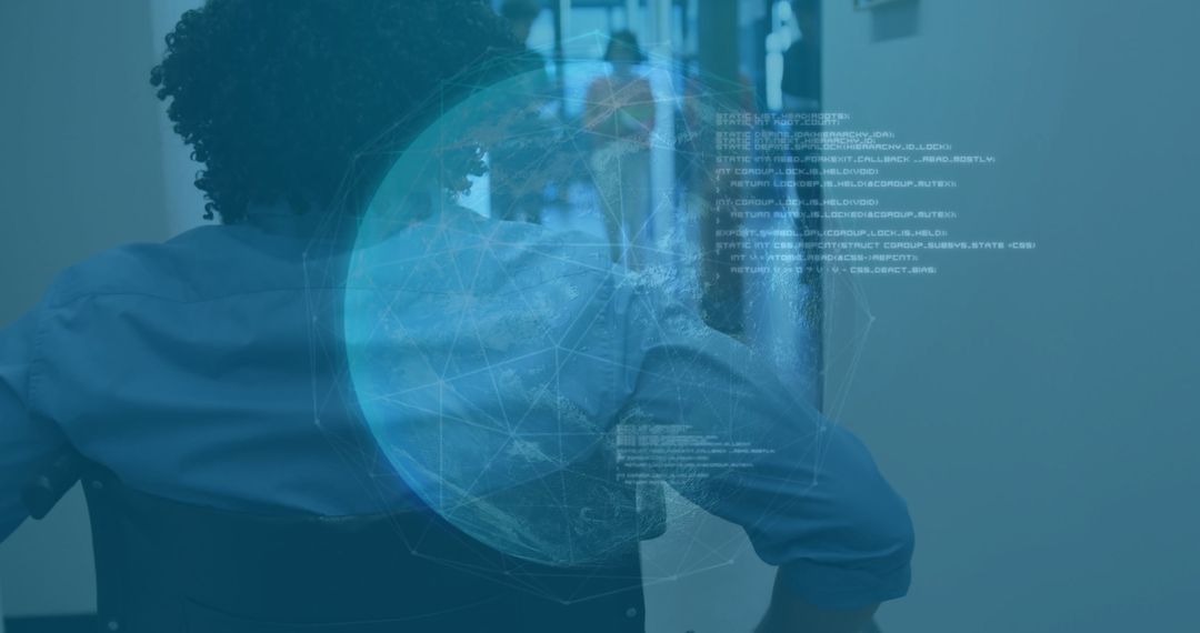 Woman in Wheelchair Navigating Hallway with Futuristic Globe Interface