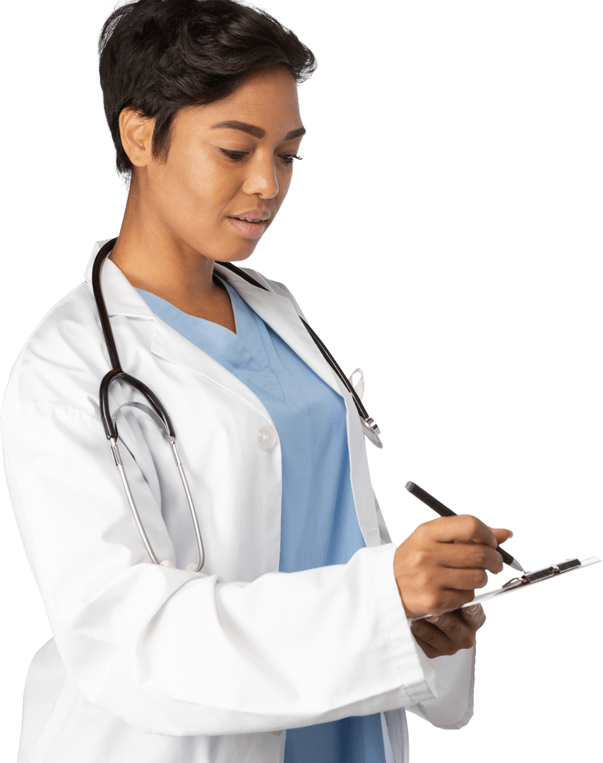 Transparent Female Doctor Writing Notes in White Lab Coat