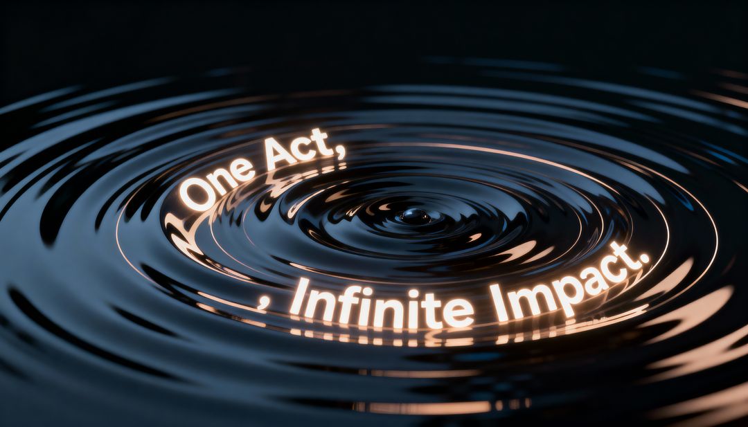 One Act, Infinite Impact glowing text ring creating ripples over dark glossy water